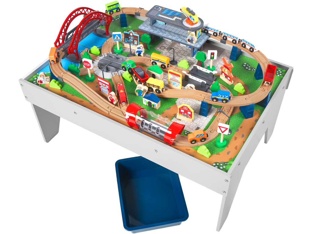 Table avec circuit de train en bois, 100 pièces